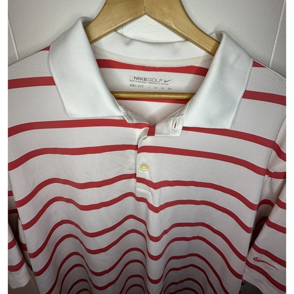 Nike Golf Polo Shirt Mens Size XXL White w/ Pink Stripes Dri Fit Sleeve Logo - Picture 2 of 3